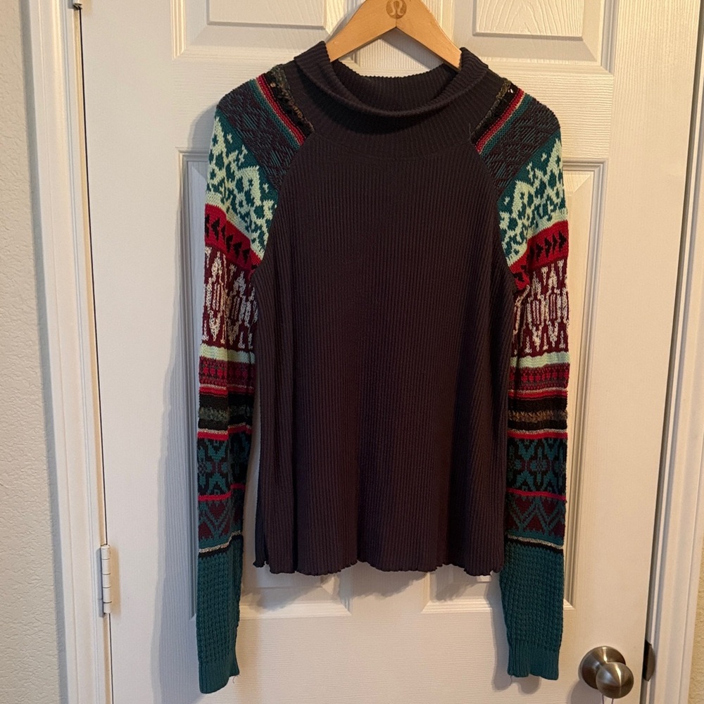 Free People Patterned Sleeve Turtleneck Sweater
